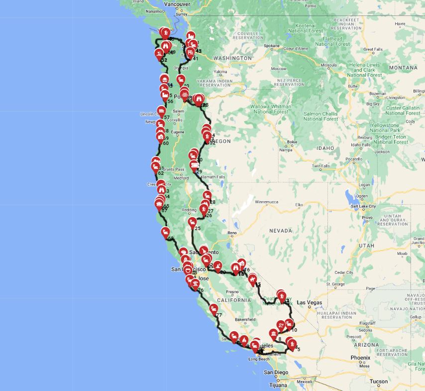 Map for Los Angeles Roundtrip - Comprehensive West Coast National Parks